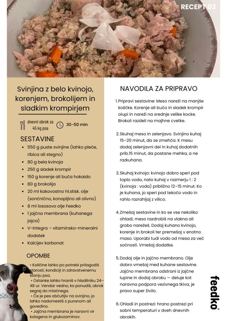 Recepti FEEDKO kuhana hrana Svinjina z belo kvinojo korenjem brokolijem in sladkim krompirjem